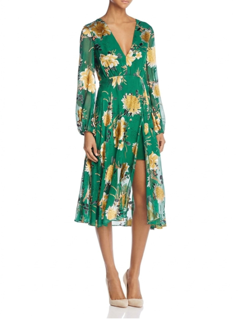Alice + Olivia Rare Coco Floral Silk Blend Green & Gold Chiffon Dress Size 6 Euc